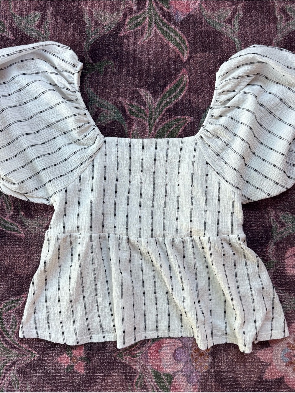 Madewell Stripe White Puff-Sleeve Square Neck Peplum Babydoll Top - M